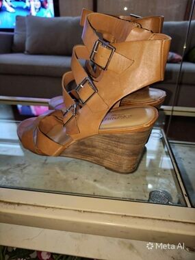 Crown Vintage Strappy SandalsTan Wedge Sandals with Buckle Straps - Women
